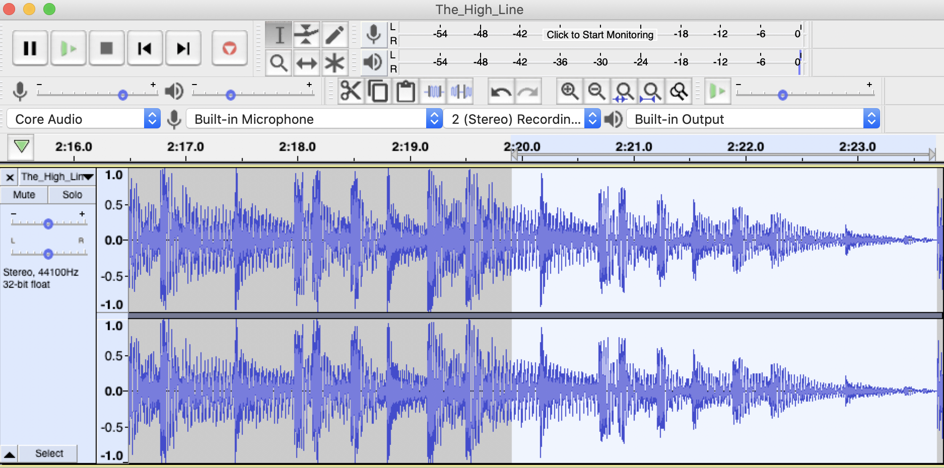 Audacity window with song fading out and getting quieter