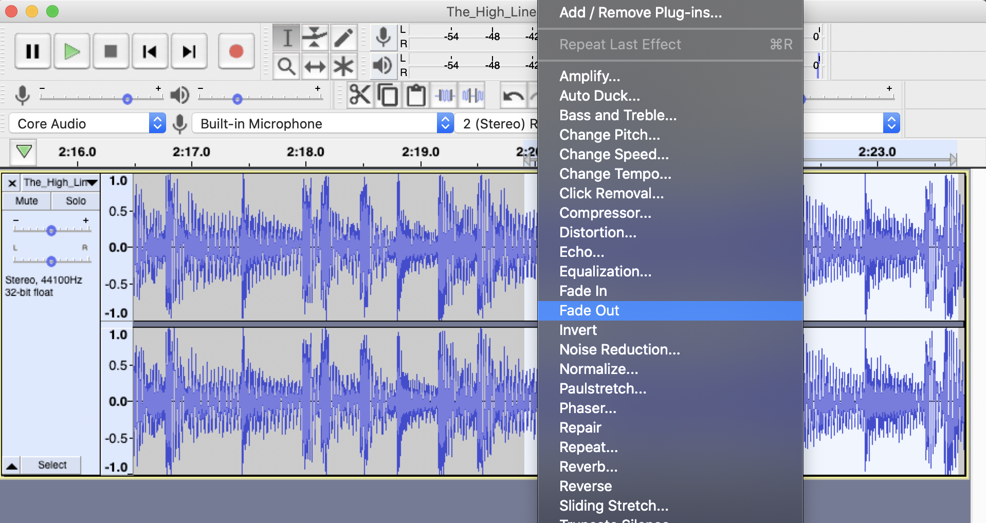 Audacity file with Fade Out effect selected