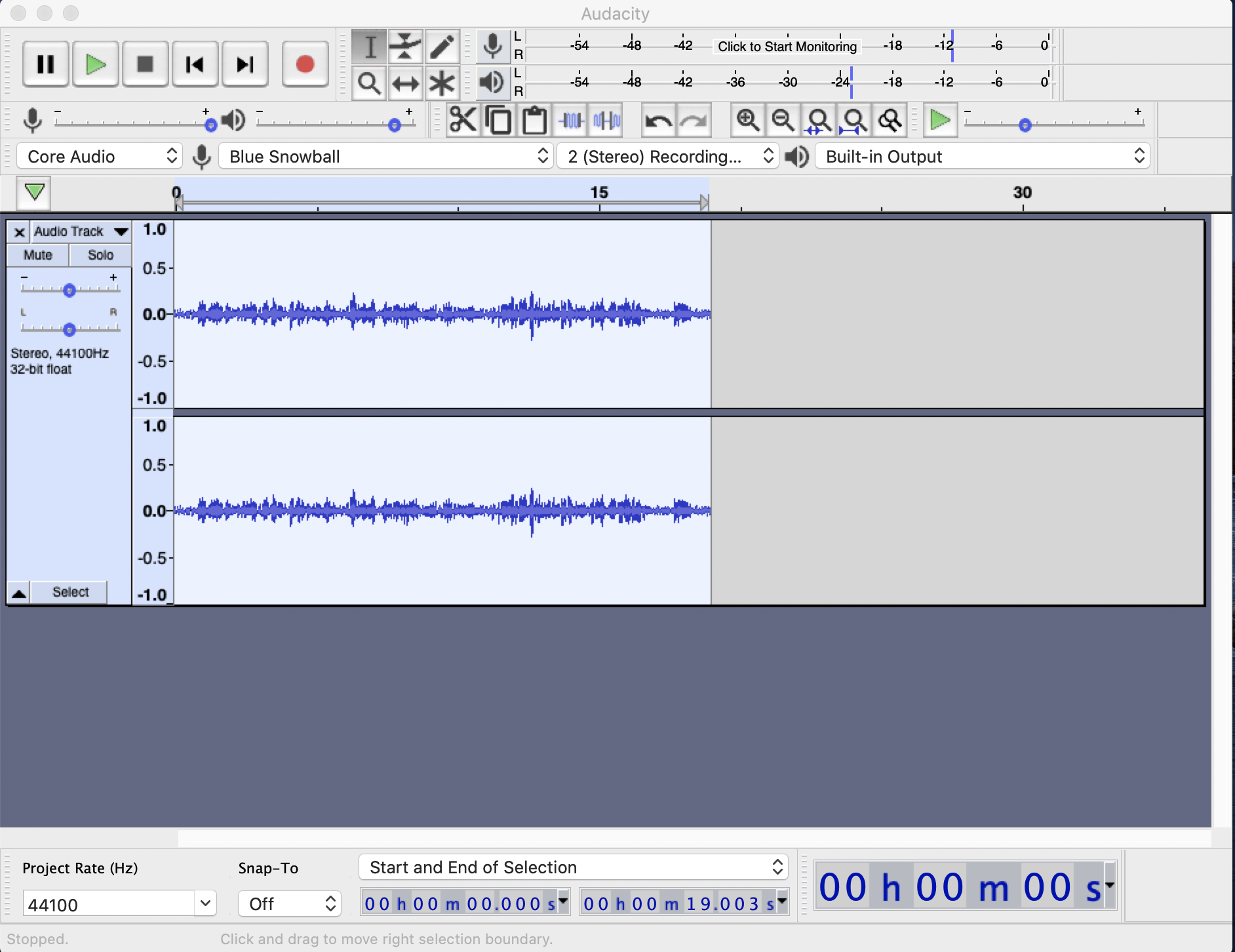 Audacity window with entire audio file selected