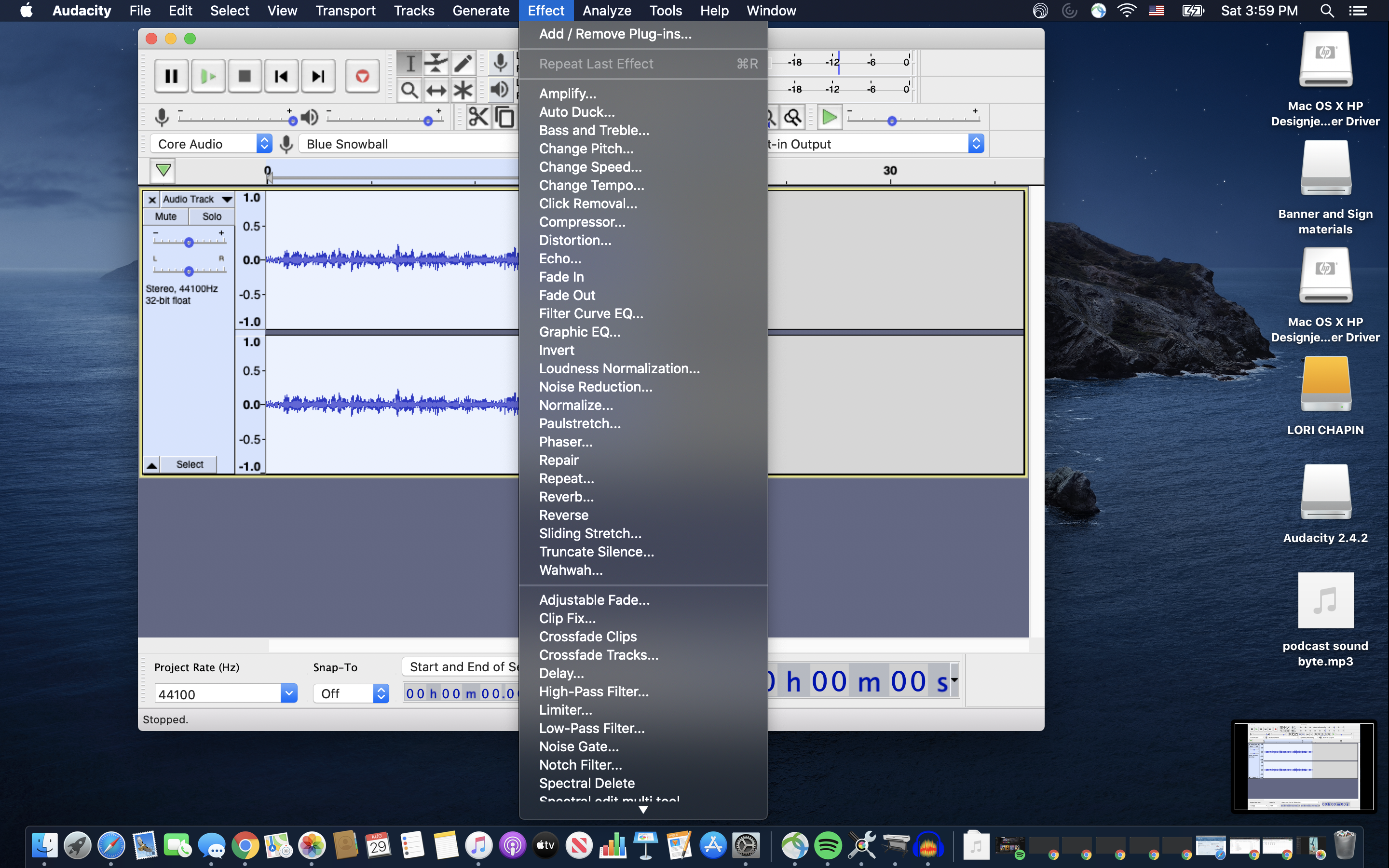 Audacity window with Effects selected from the top of screen toolbar