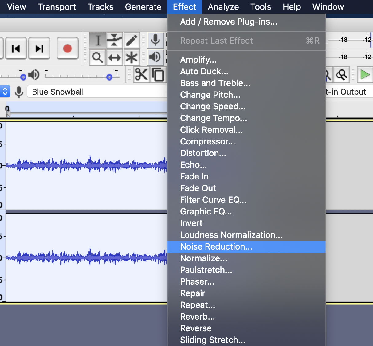 Audacity window with Noise Reduction selected from top of screen tool bar under Effects