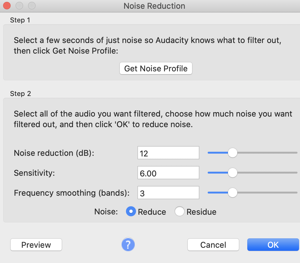 Audacity Noise Reduction pop up window for selecting a noise profile