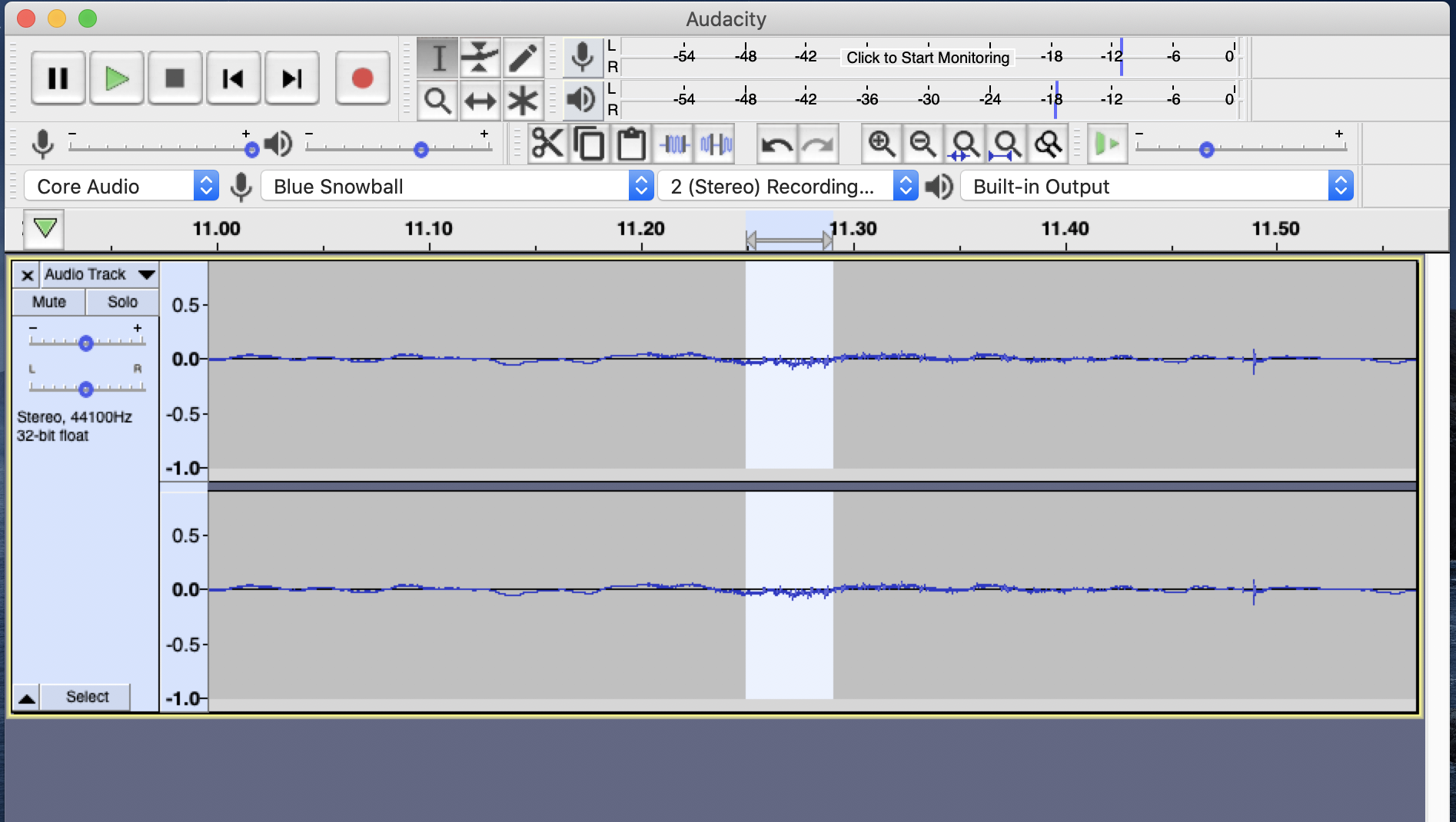 Audacity window with small selection highlighted