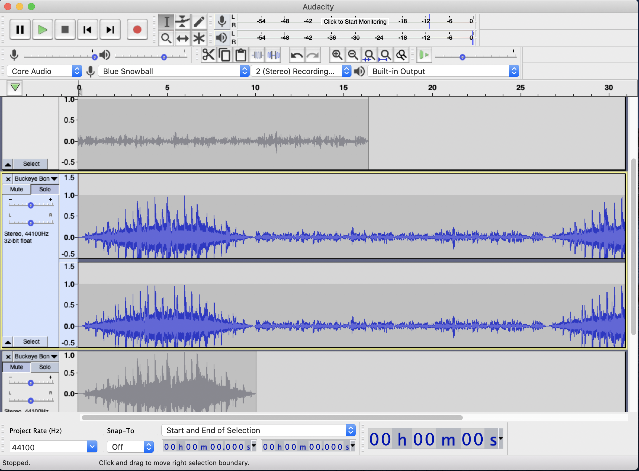 Audacity window with three audio tracks